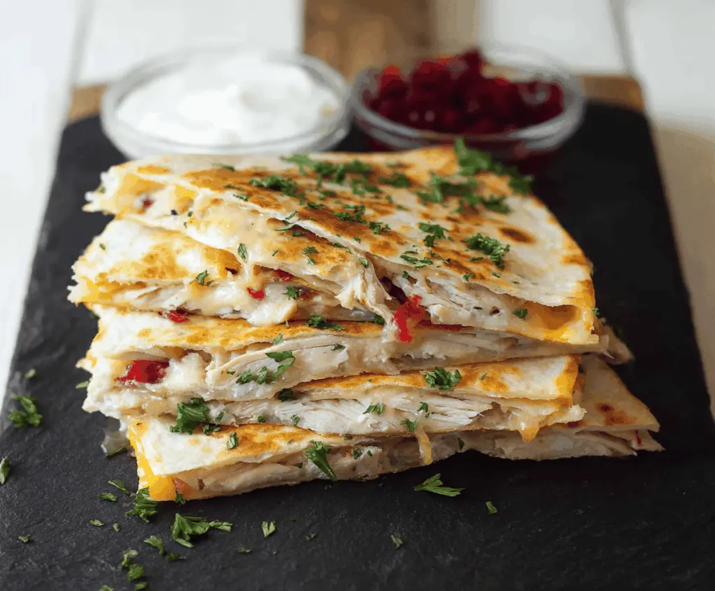 Delicious homemade turkey quesadilla filled with melted cheese and savory turkey meat, perfect for a quick lunch or dinner.