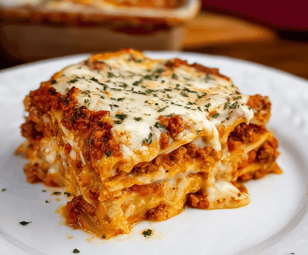 Delicious homemade lasagna with layers of rich meat sauce and melted cheese, labeled as the world's best recipe.