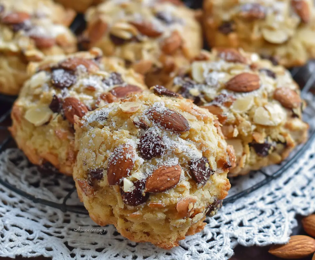 Delicious almond chocolate chip cookies fresh out of the oven, showing golden-brown edges andChocolate chips.