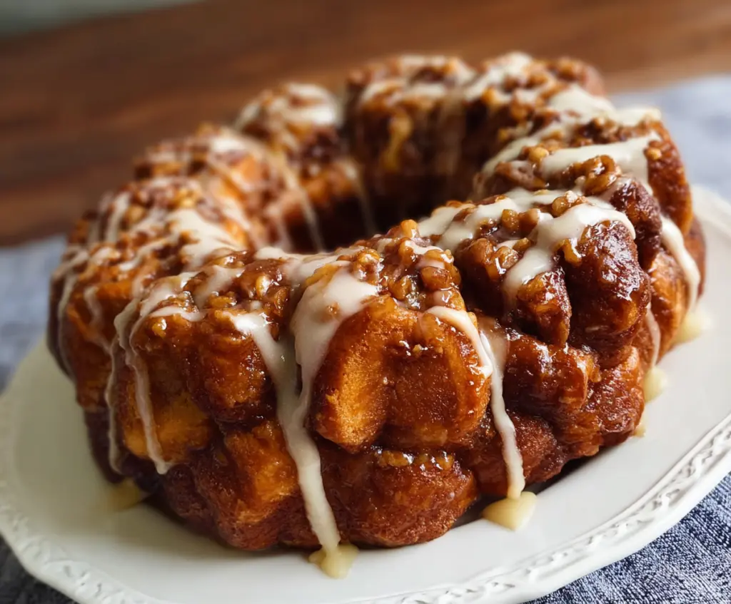 Delicious Apple-Walnut Cinnamon Roll Monkey Bread topped with cinnamon and powdered sugar.