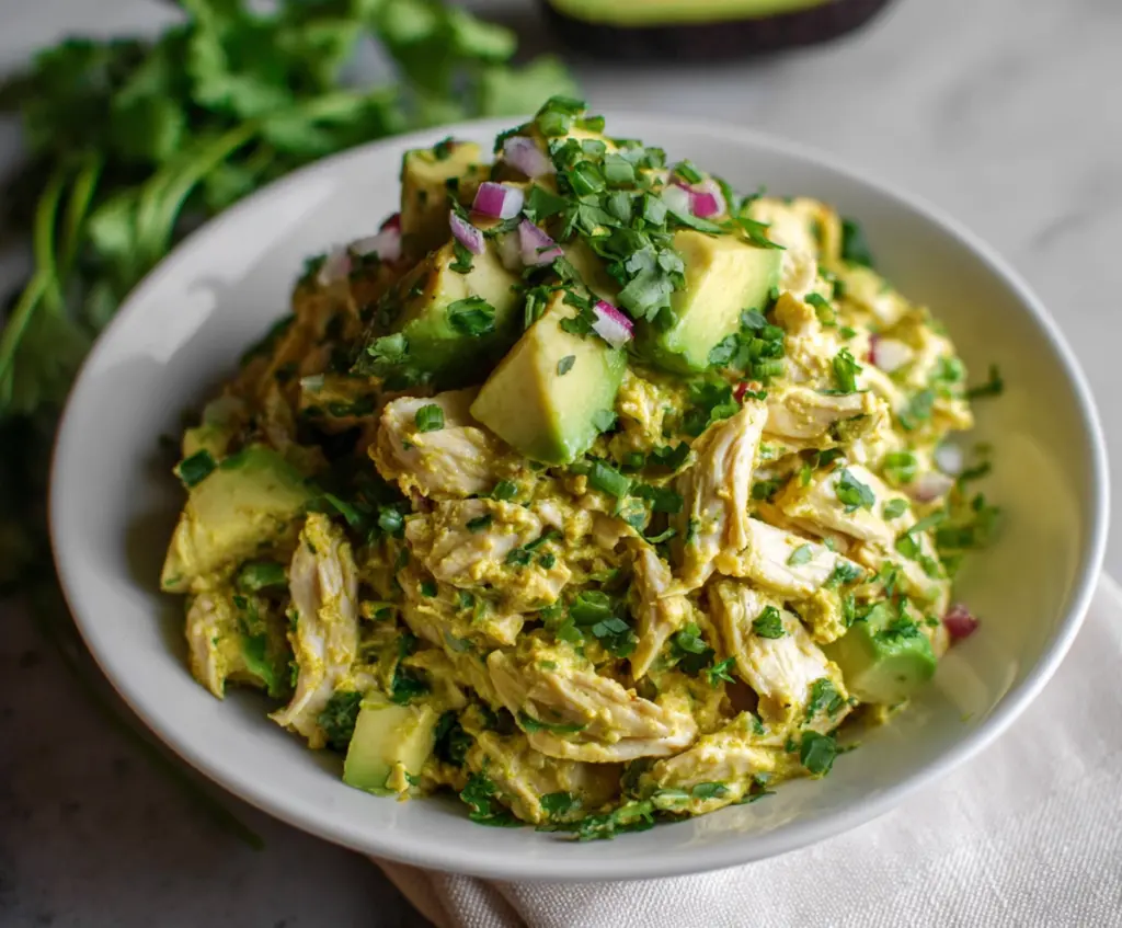 Healthy avocado chicken salad bowl with chopped vegetables and herbs, high protein, no mayonnaise included.