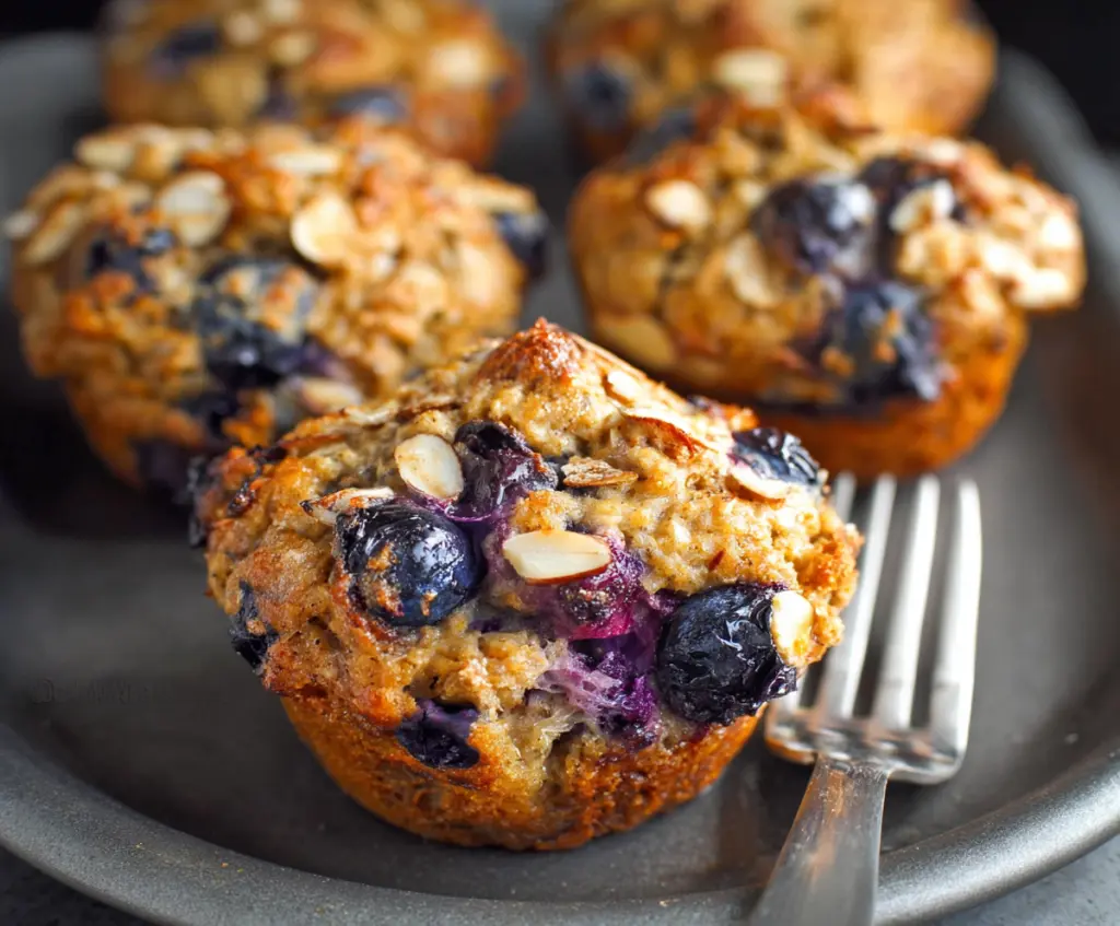 Fresh blueberry, pear, ginger, and oatmeal muffins topped with a sprinkle of oats on a rustic plate.