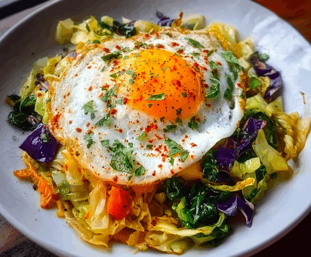 Delicious breakfast cabbage sauté served in a rustic bowl with fresh herbs.