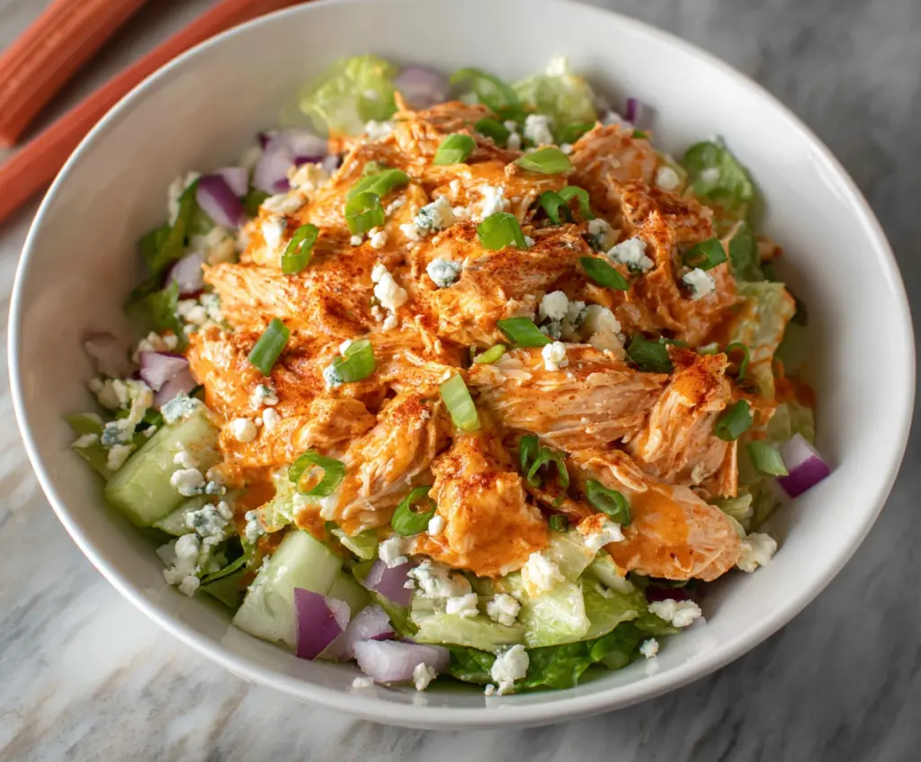 Creamy Buffalo Chicken Salad with celery and green onions served in a bowl.
