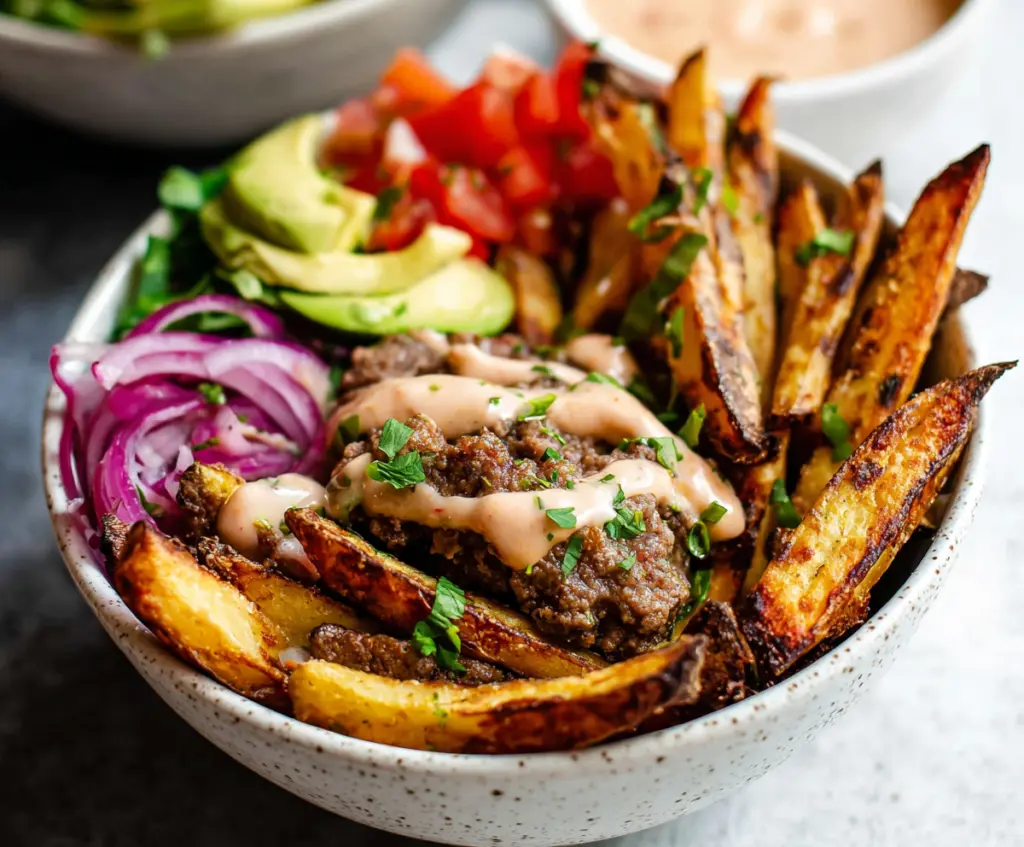 Healthy Burger Bowls with Fresh Greens and Crispy Fries for Whole30 Diet