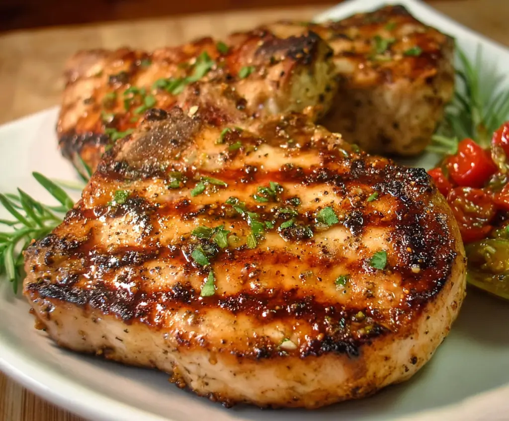 Juicy Chesapeake Bay Pork Chops served with fresh vegetables and herbs