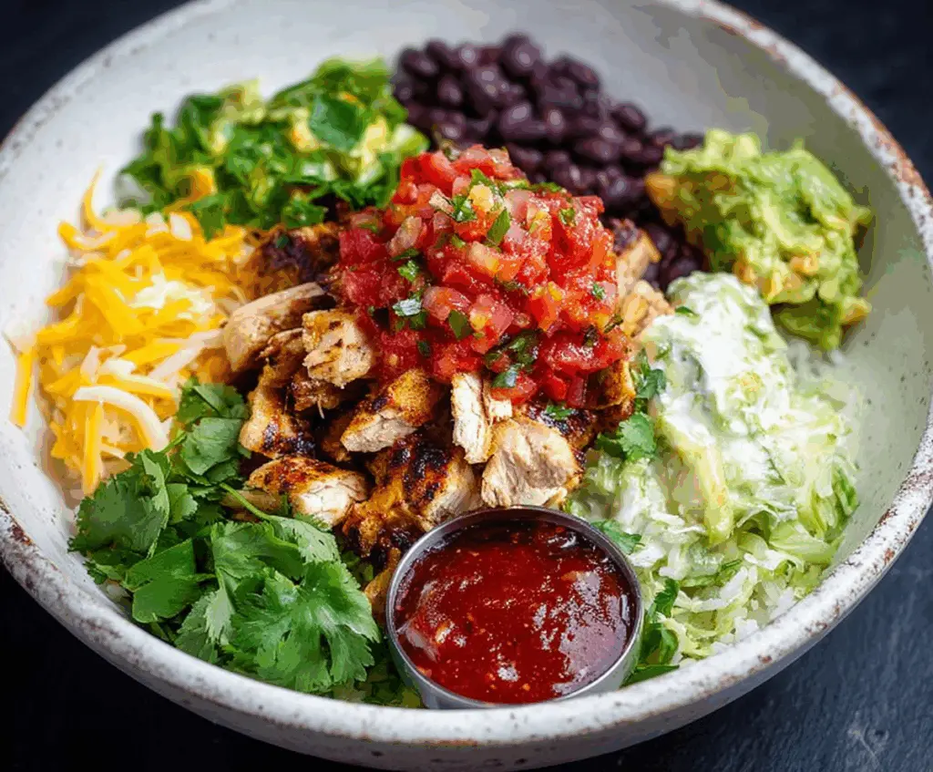 Delicious chicken burrito bowl with fresh vegetables and rice, perfect for a healthy meal.