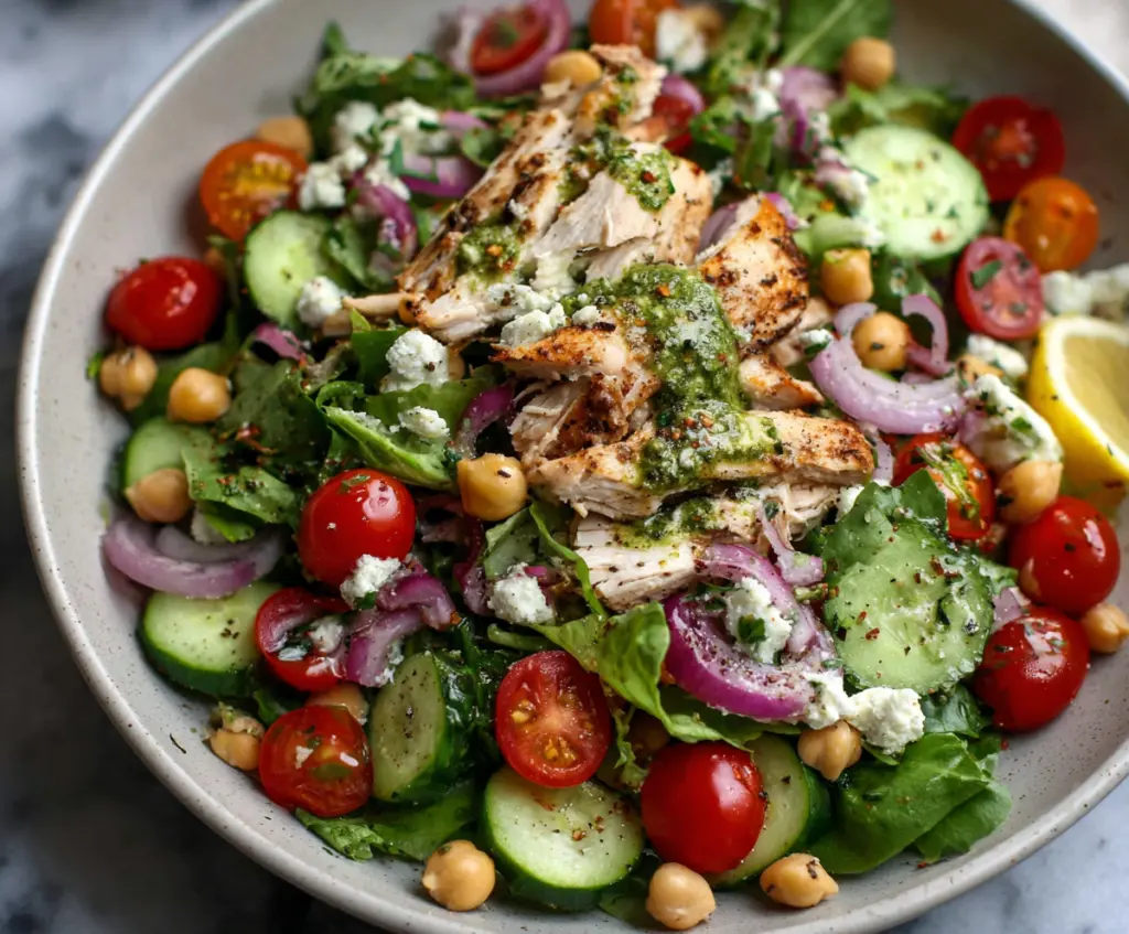 Healthy Chicken and Chickpea Power Salad with fresh vegetables and vibrant ingredients