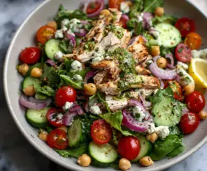 Healthy Chicken and Chickpea Power Salad with fresh vegetables and vibrant ingredients