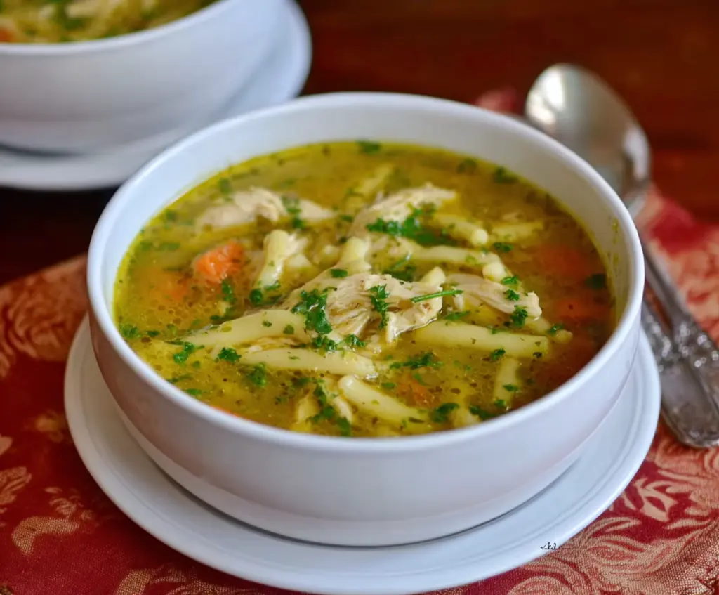 Hearty chicken noodle soup in a bowl with fresh herbs and vegetables.