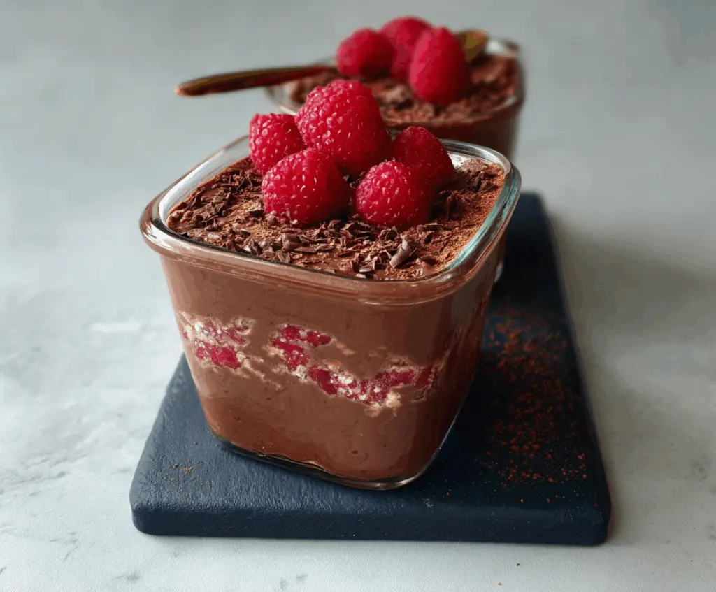 Delicious Chocolate Raspberry Overnight Weetbix served in a glass bowl with fresh berries on top.