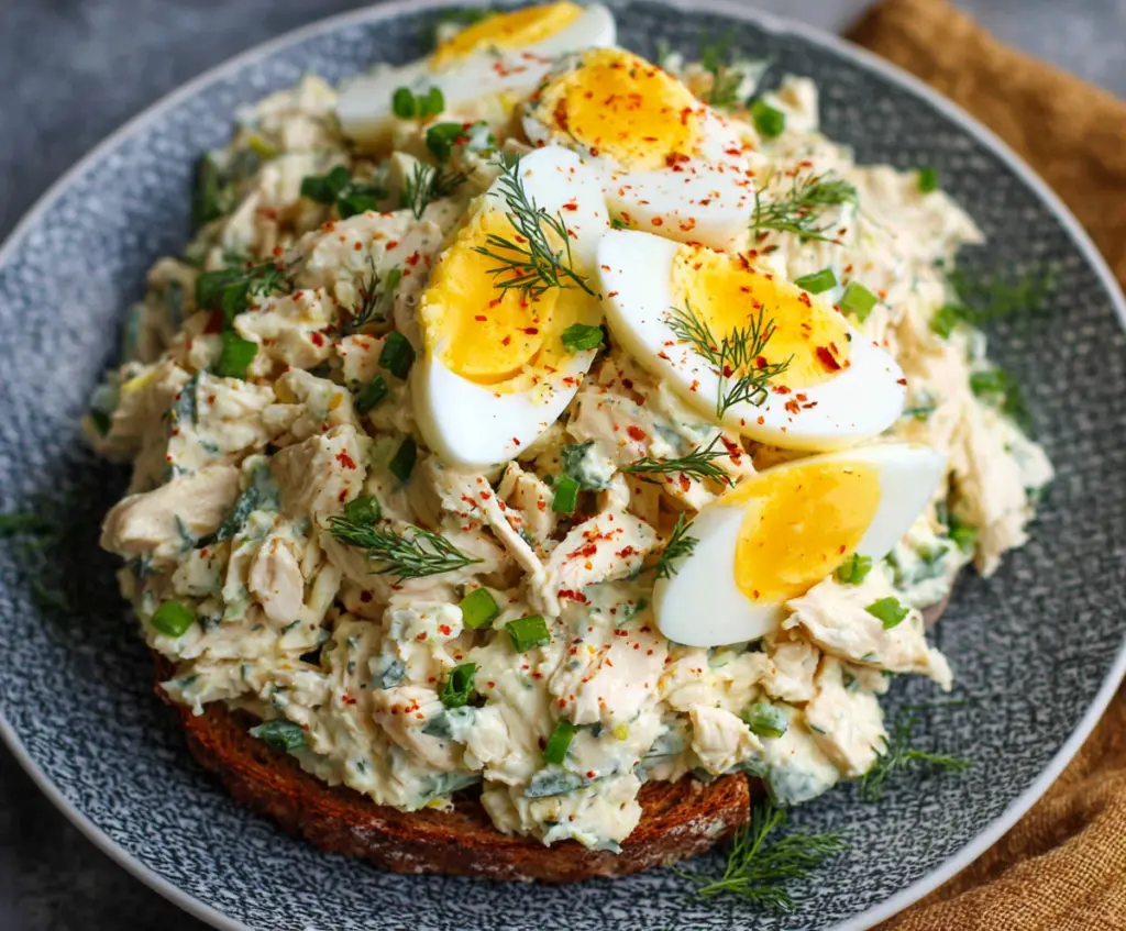 Delicious classic high-protein chicken and egg salad served on a plate, perfect for a healthy meal.