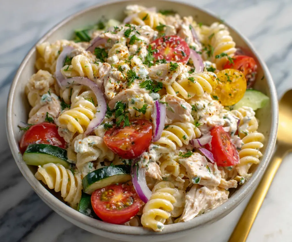 Creamy cottage cheese chicken pasta salad with fresh vegetables and herbs.