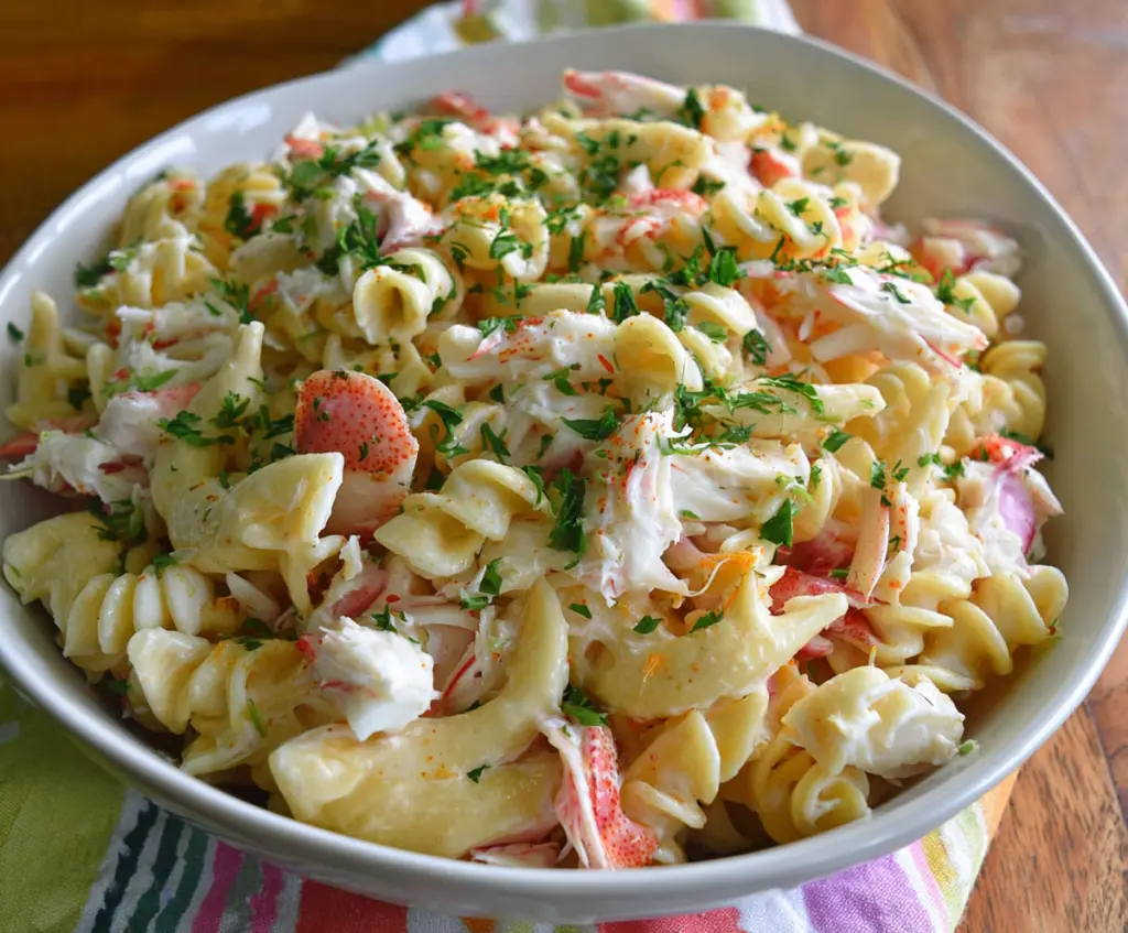Delicious crab pasta salad with fresh seafood and colorful vegetables, perfect for summer gatherings.