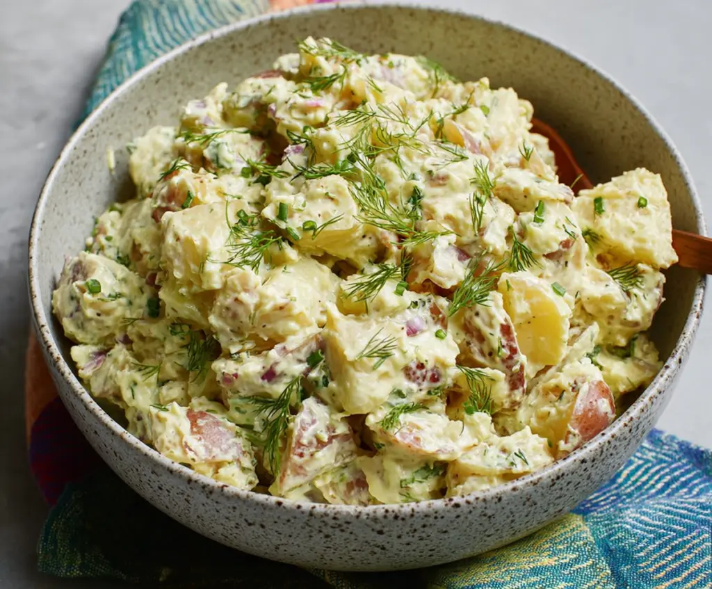 Creamy Whole30 Potato Salad topped with fresh herbs on a white serving plate