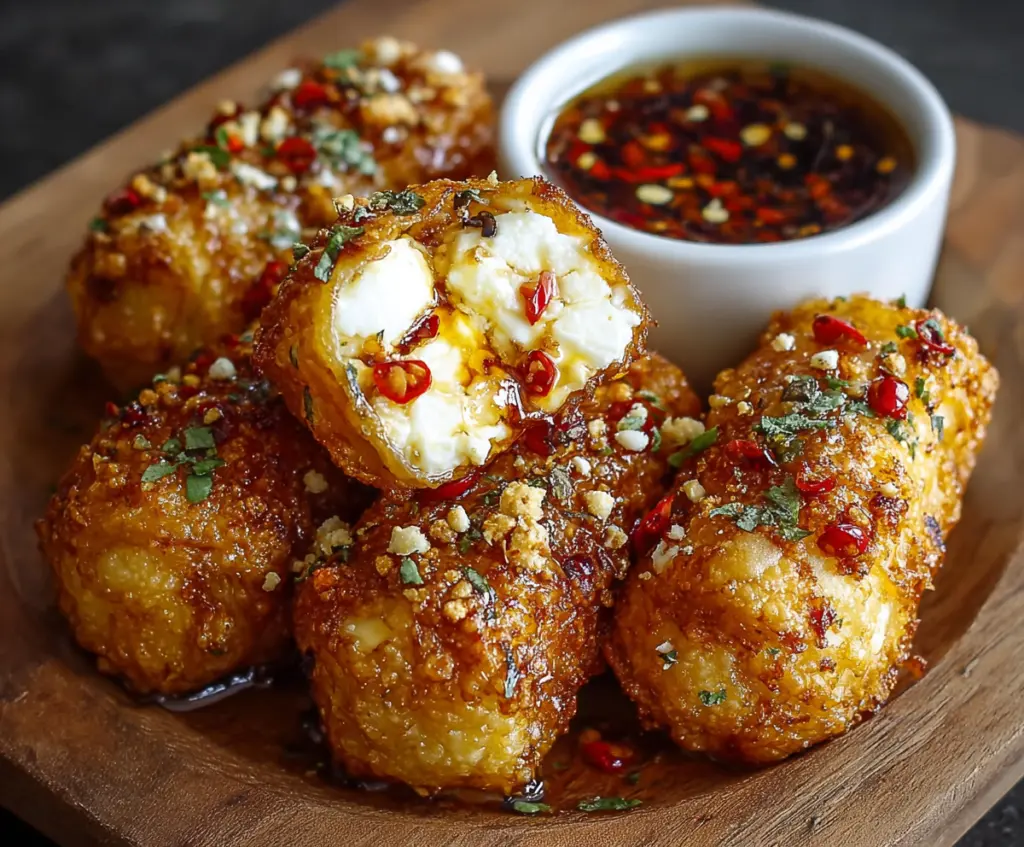 Crispy oven-fried feta rolls drizzled with spicy chili honey on a rustic plate.