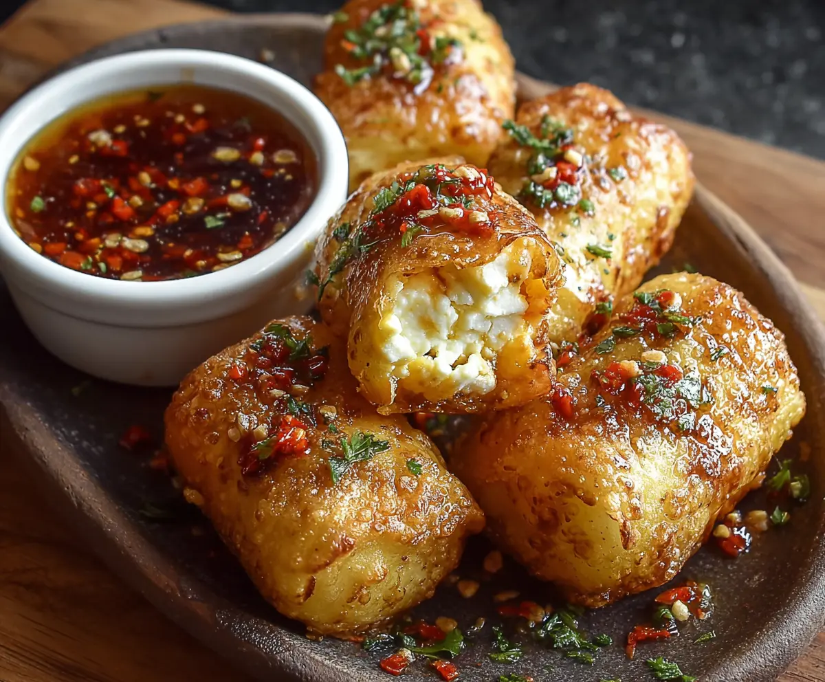 Crispy Oven Fried Feta Rolls with Chili Honey