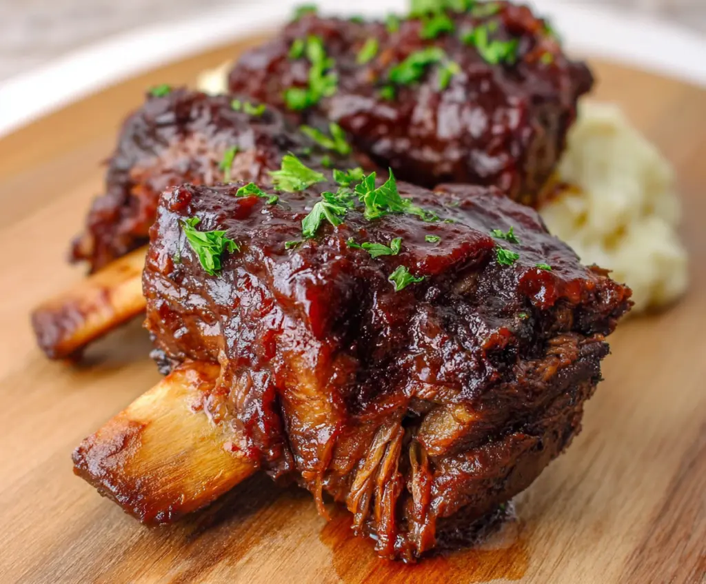 Delicious slow cooker BBQ beef ribs served with fresh herbs and barbecue sauce.