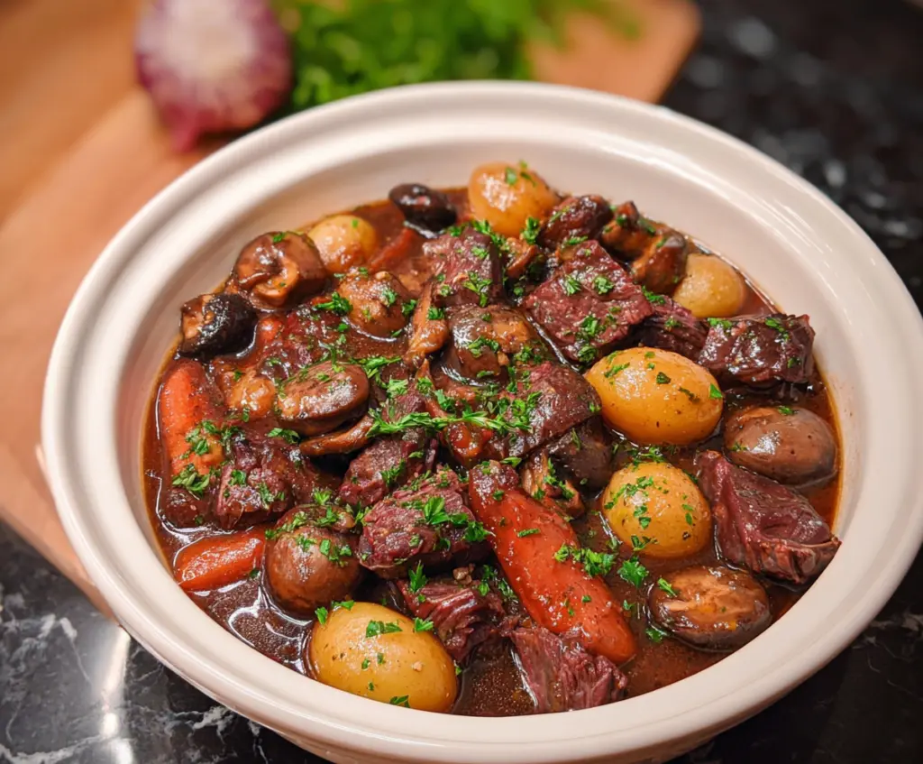 Delicious Crockpot Beef Bourguignon in a rustic pot with tender meat and vegetables