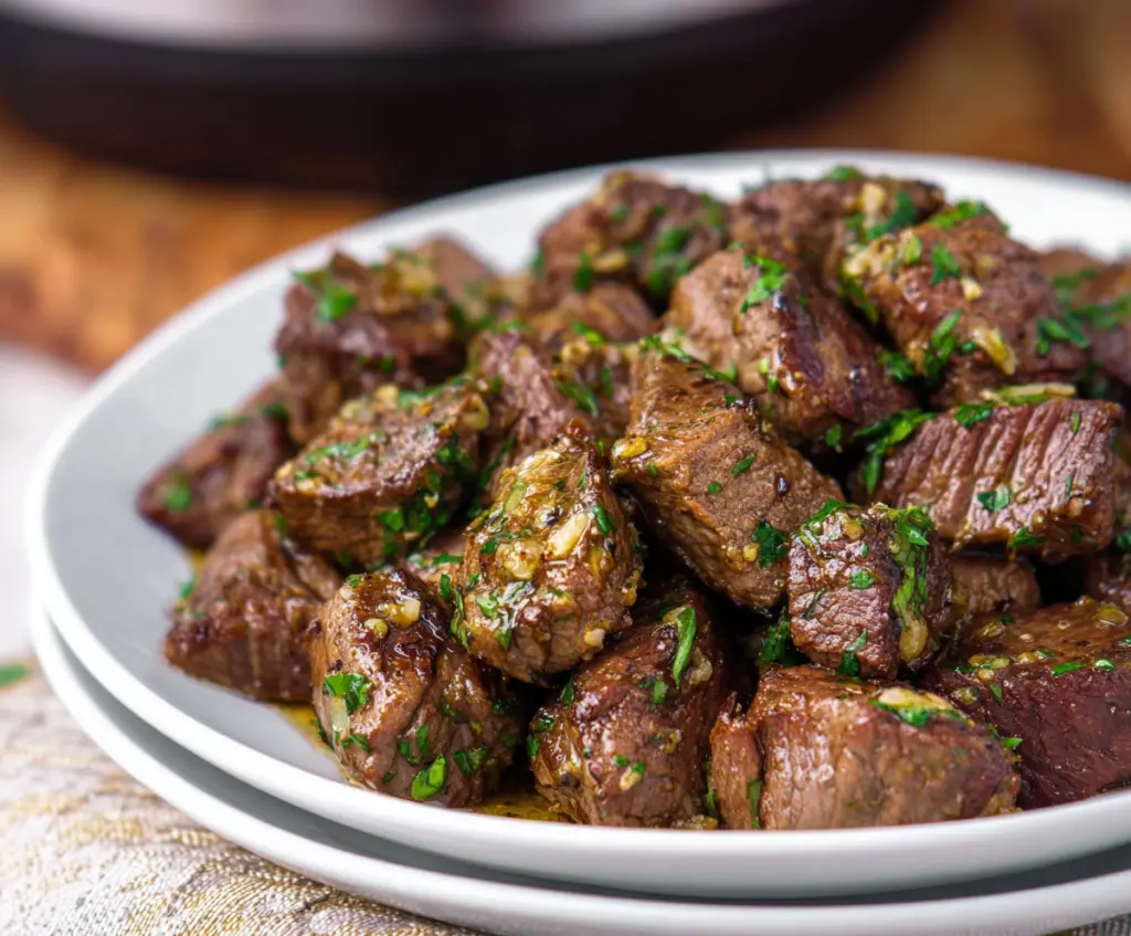Delicious Crockpot Garlic Butter Steak Bites served on a plate with fresh herbs.