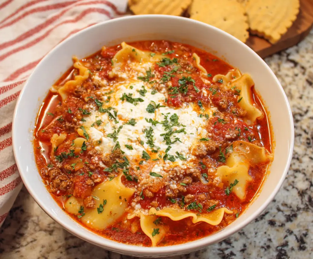 Delicious Crockpot Lasagna Soup in a bowl with melted cheese and fresh herbs