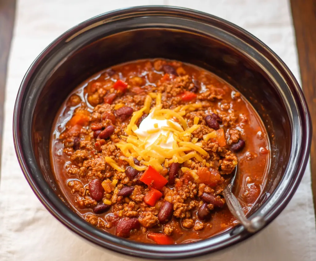Delicious Crockpot Root Beer Chili served in a bowl with fresh toppings