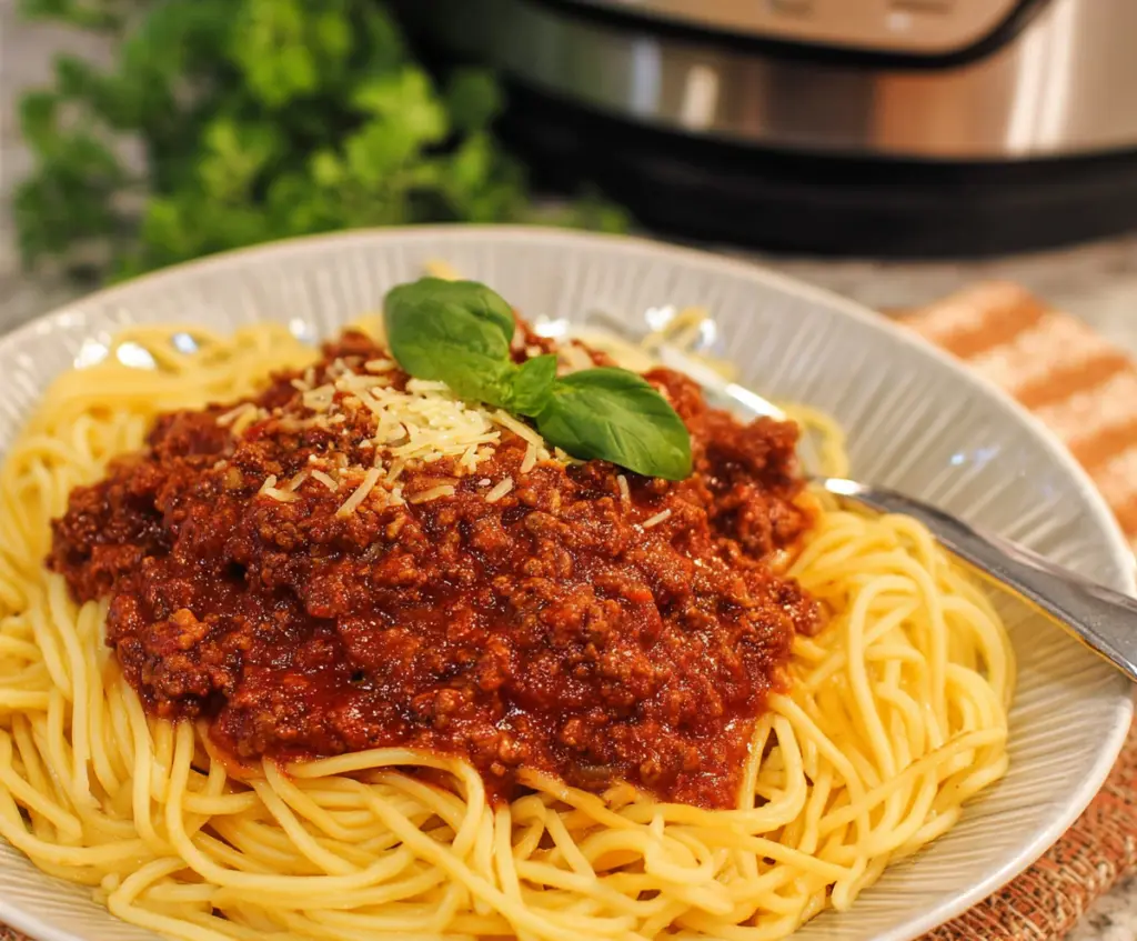 Hearty Crockpot spaghetti with rich meat sauce topped with herbs.