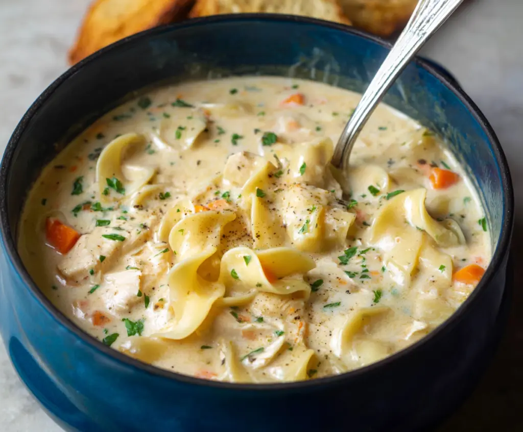 Creamy chicken noodle soup in a bowl with tender chicken, egg noodles, and fresh herbs.