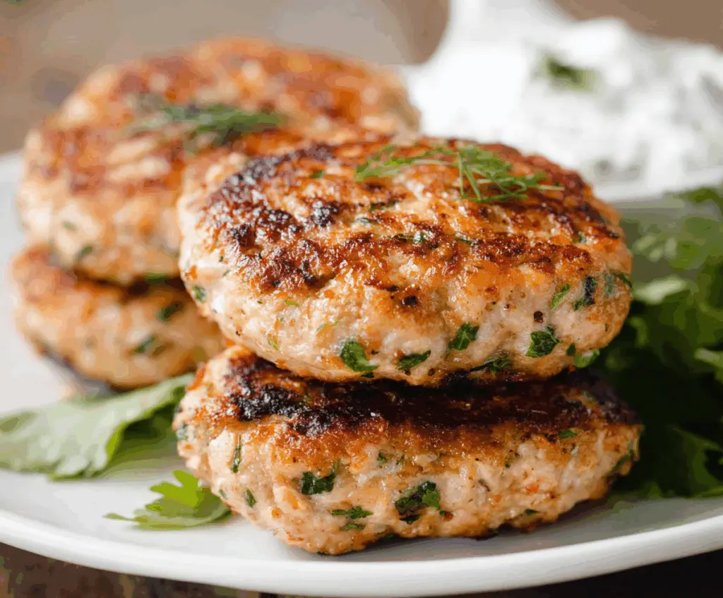 Delicious easy turkey patties served on a plate with fresh herbs and vegetables.