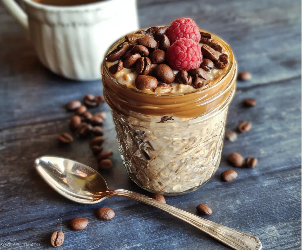 Delicious Faux Joe Coffee Overnight Oats in a glass jar topped with coffee beans and creamy yogurt.