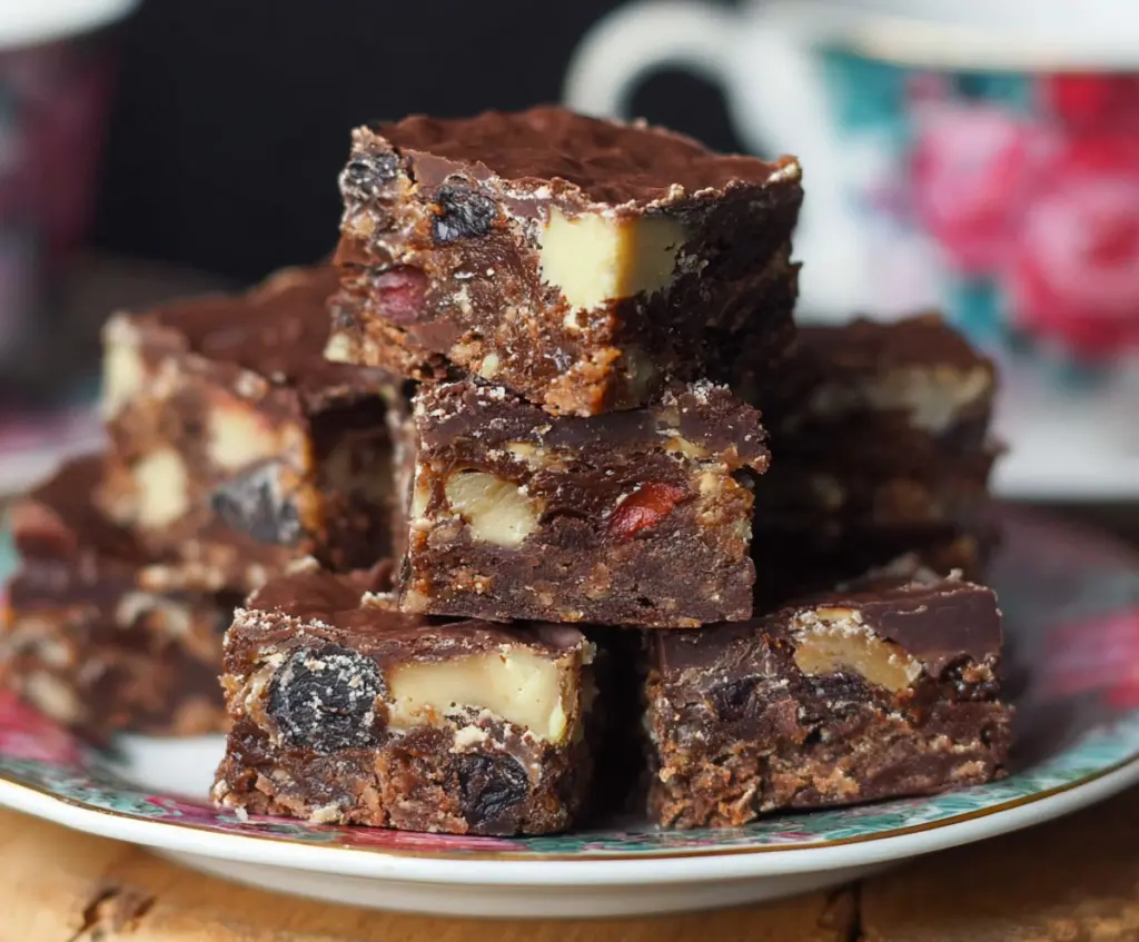 Delicious gluten-free chocolate tiffin bars made with rich chocolate and crispy gluten-free biscuits.