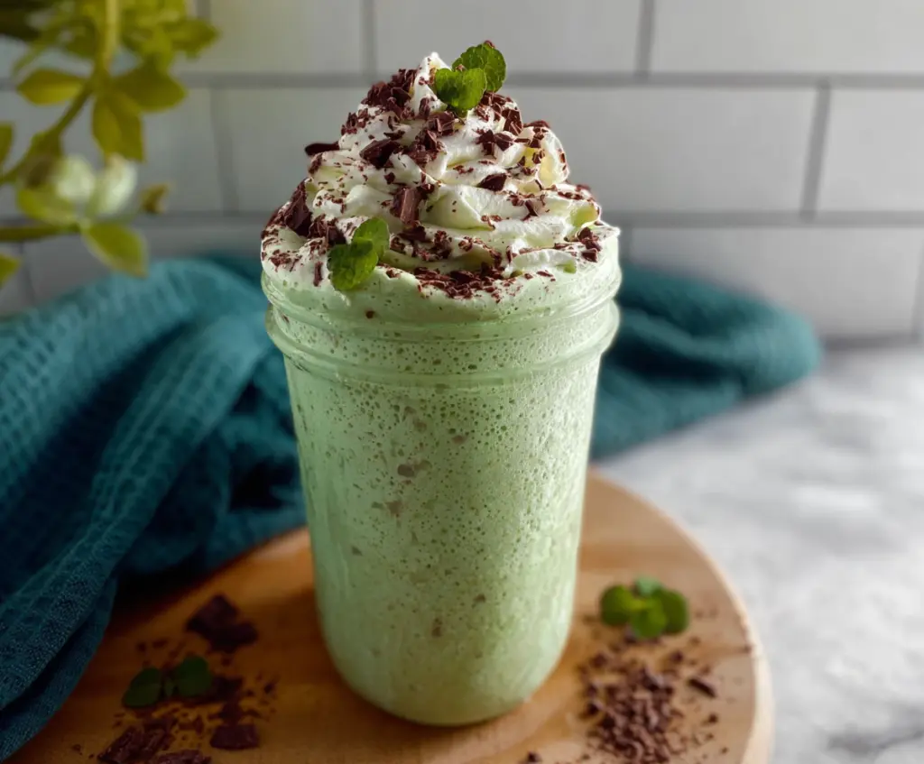 High Protein Shamrock Shake with whipped cream and green food coloring for a festive St. Patrick's Day treat