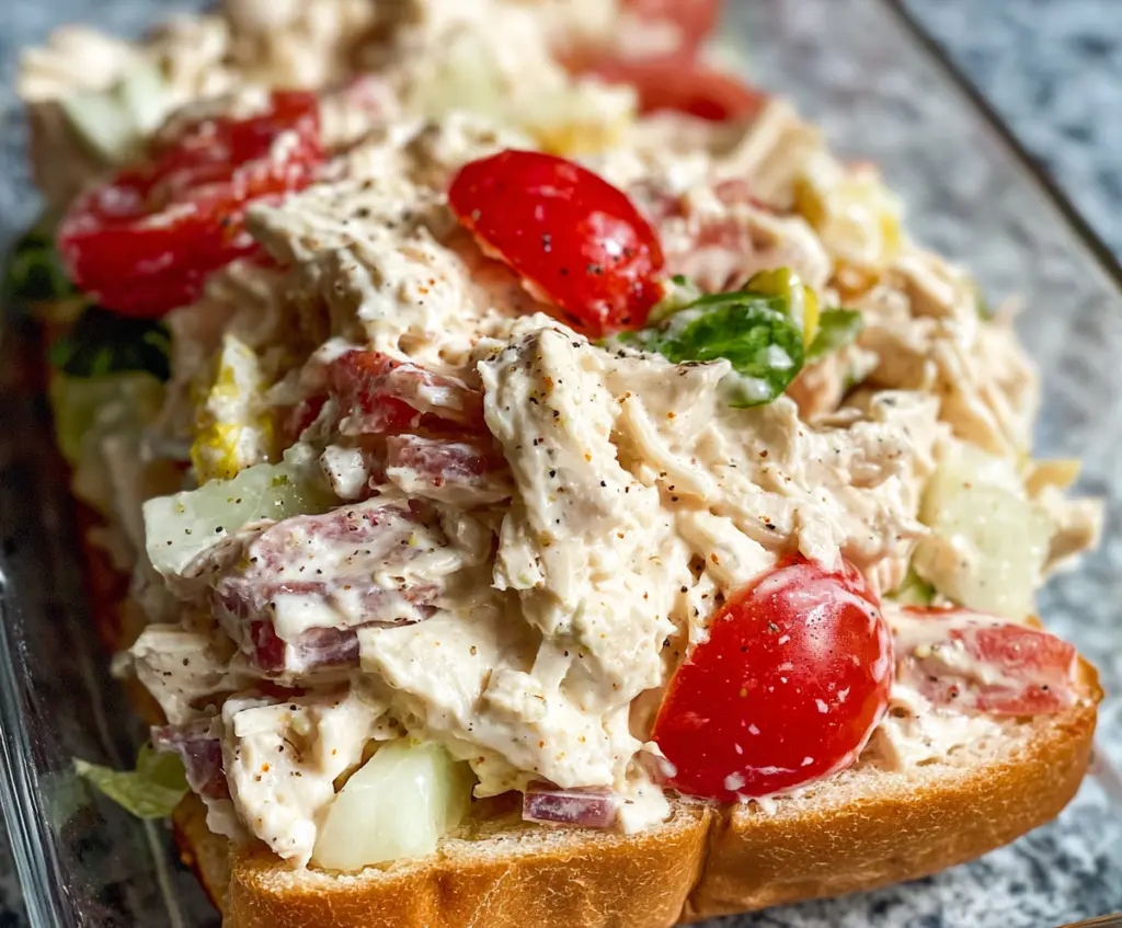 Delicious Italian Grinder Chicken Salad with fresh vegetables and savory herbs on a plate.