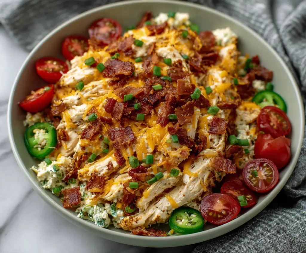 Creamy Jalapeño Popper Chicken Salad garnished with fresh herbs, perfect for a spicy appetizer or light meal.