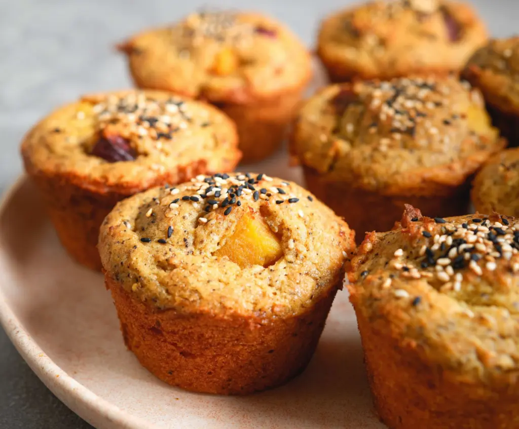Delicious Japanese sweet potato and sesame muffins on a plate, showcasing a golden-brown crust and sesame seeds garnish.