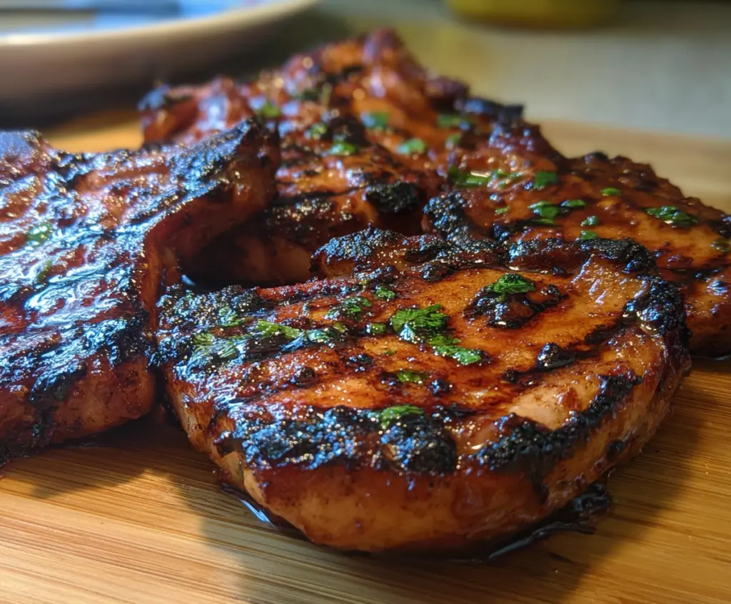 Juicy marinated spicy pork chops garnished with herbs on a rustic wooden platter.
