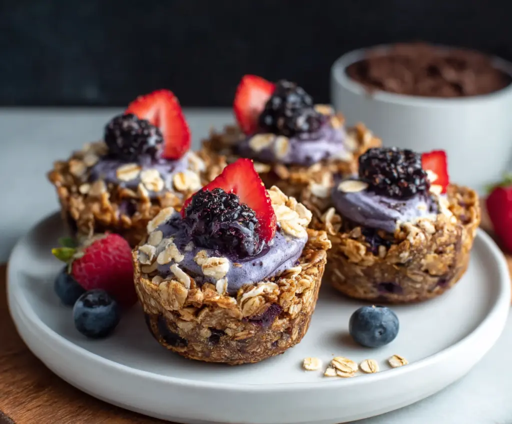 Healthy oatmeal cups topped with acai yogurt and fresh berries for a nutritious breakfast.
