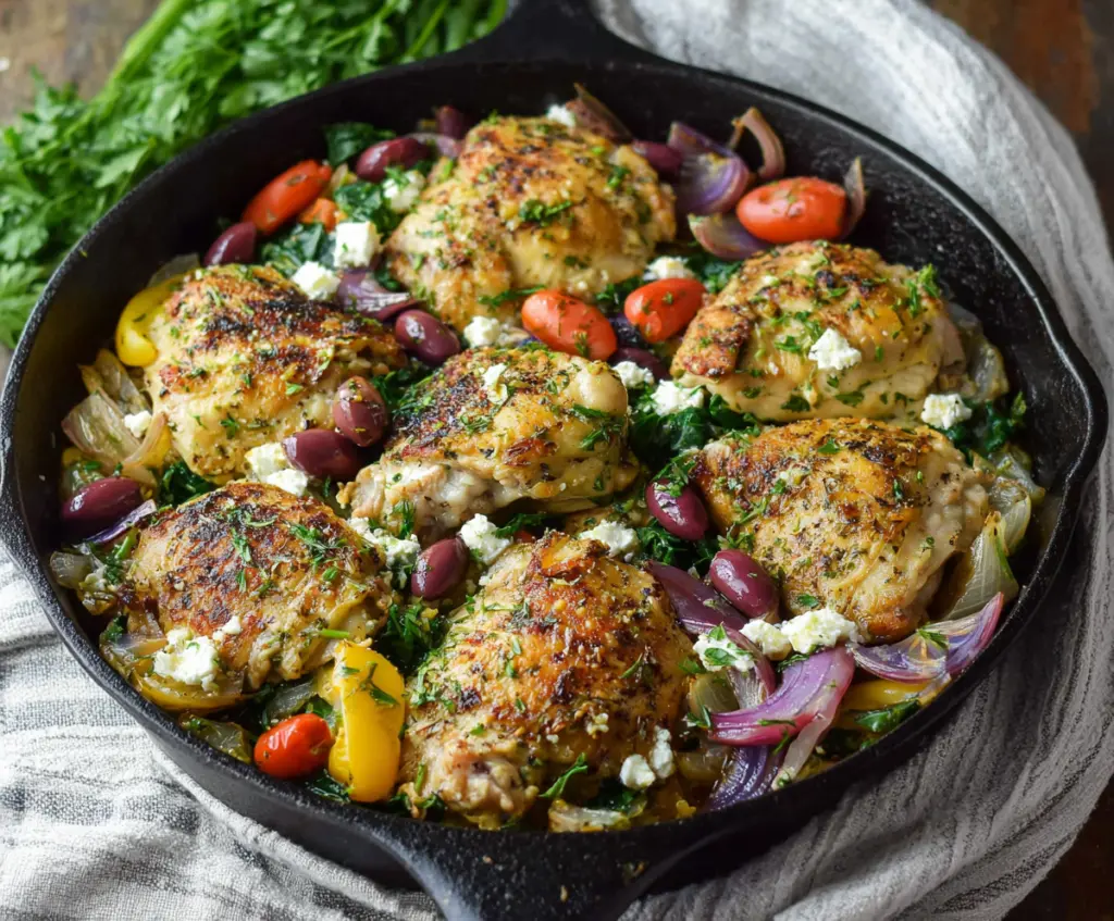 Delicious skillet high protein Greek chicken served with fresh vegetables and herbs.