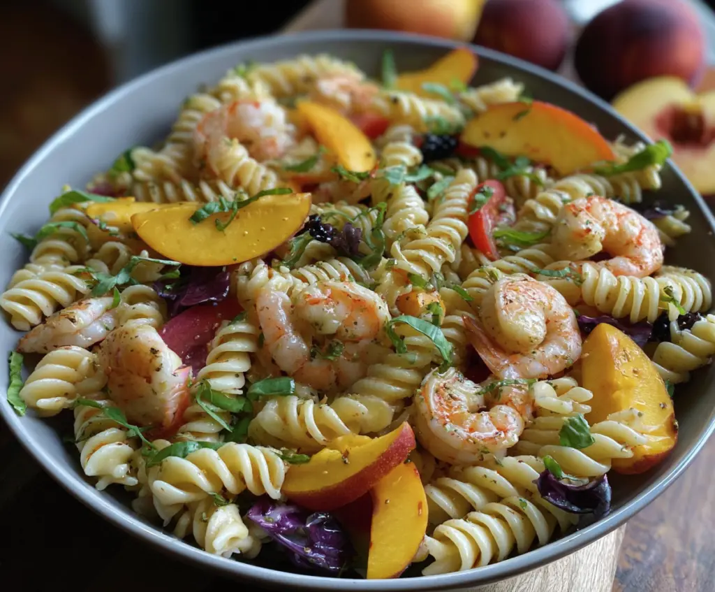 Delicious peach and shrimp pasta salad with fresh ingredients and vibrant colors