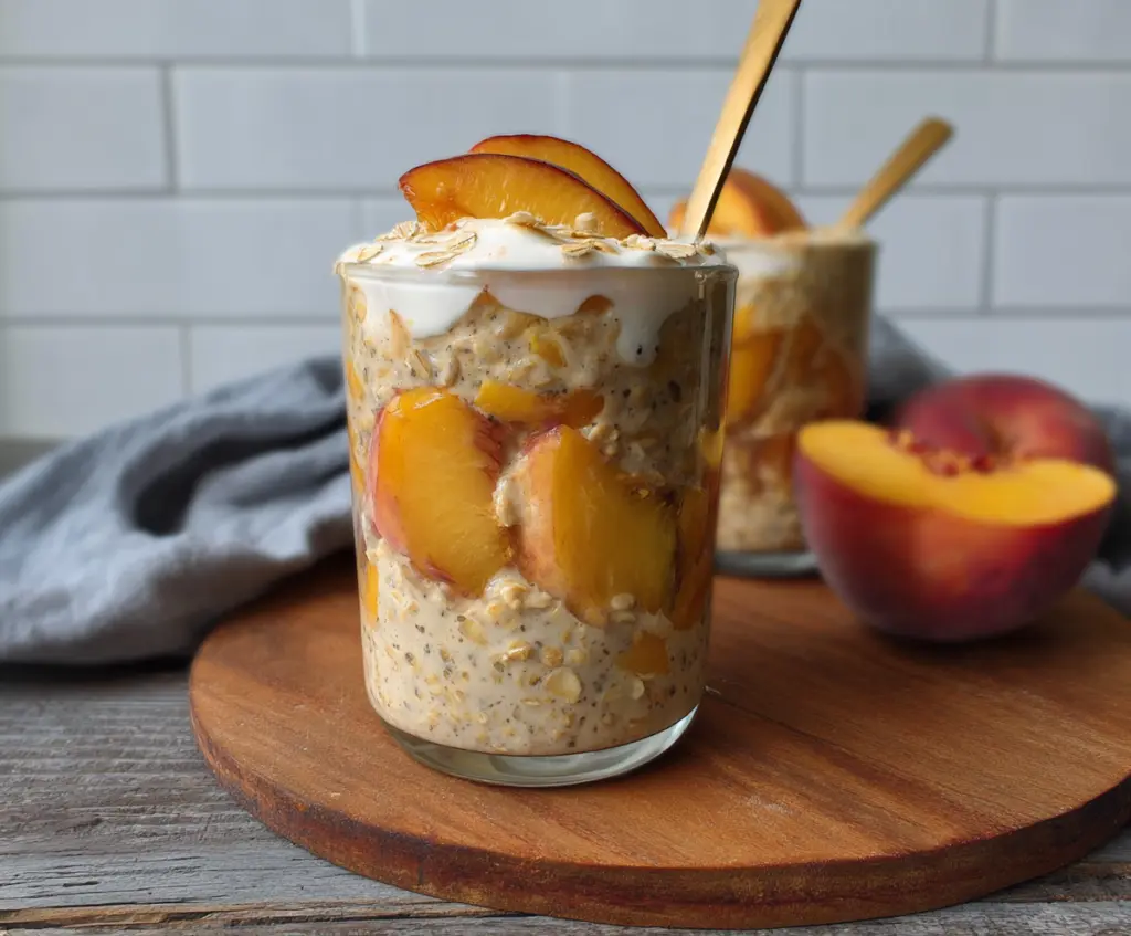 Creamy peaches and overnight oats topped with fresh peach slices for a healthy breakfast.