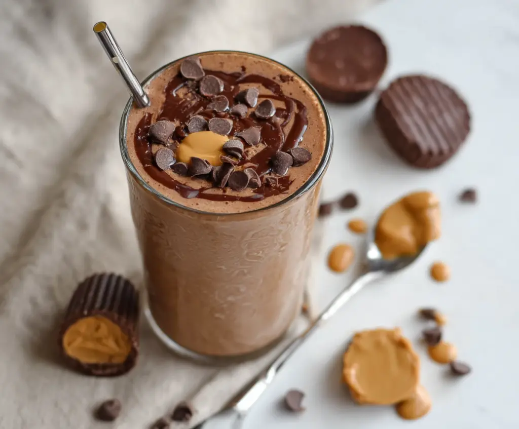 Creamy peanut butter cup smoothie with rich chocolate and banana flavor, perfect for a healthy snack.