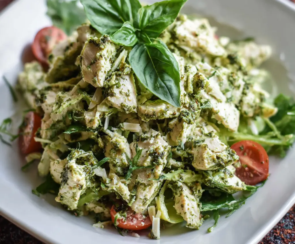 Fresh pesto chicken salad in a bowl with cherry tomatoes and greens, perfect for a healthy lunch.