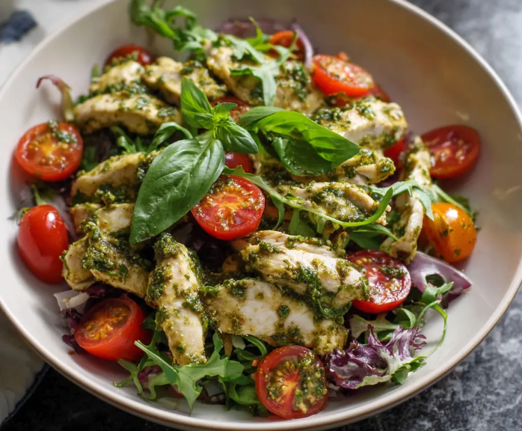 Delicious pesto chicken salad with fresh greens and cherry tomatoes in a bowl.