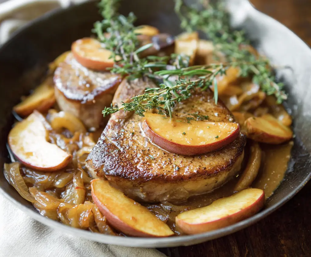 Delicious pork chops served with sautéed apples and onions for a flavorful dinner.
