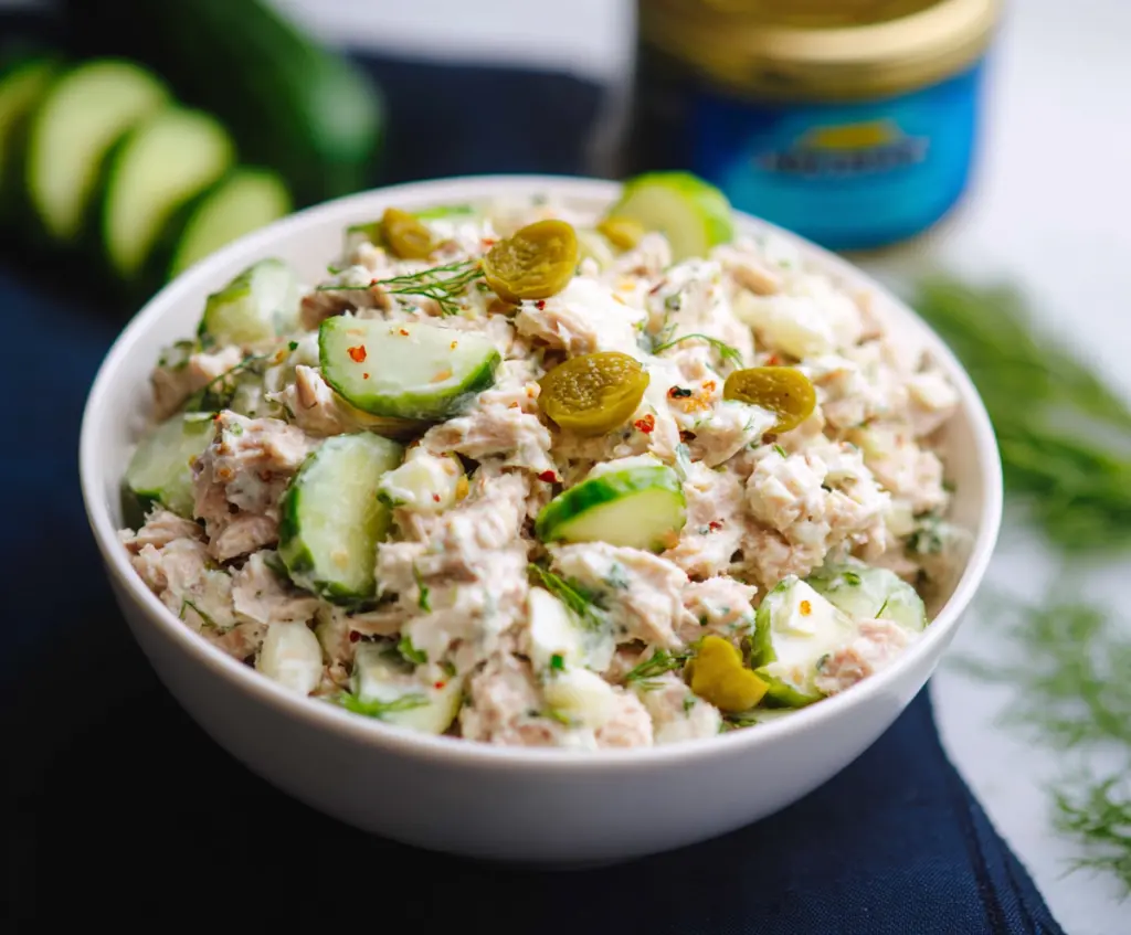 Healthy Protein Pickle Tuna Salad with Fresh Vegetables and Light Dressing