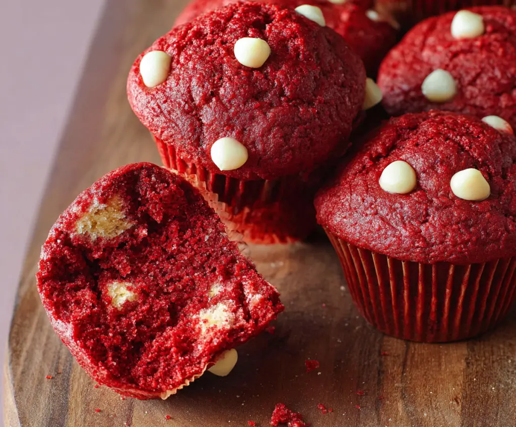 Delicious soft and fluffy red velvet muffins with creamy frosting on top.