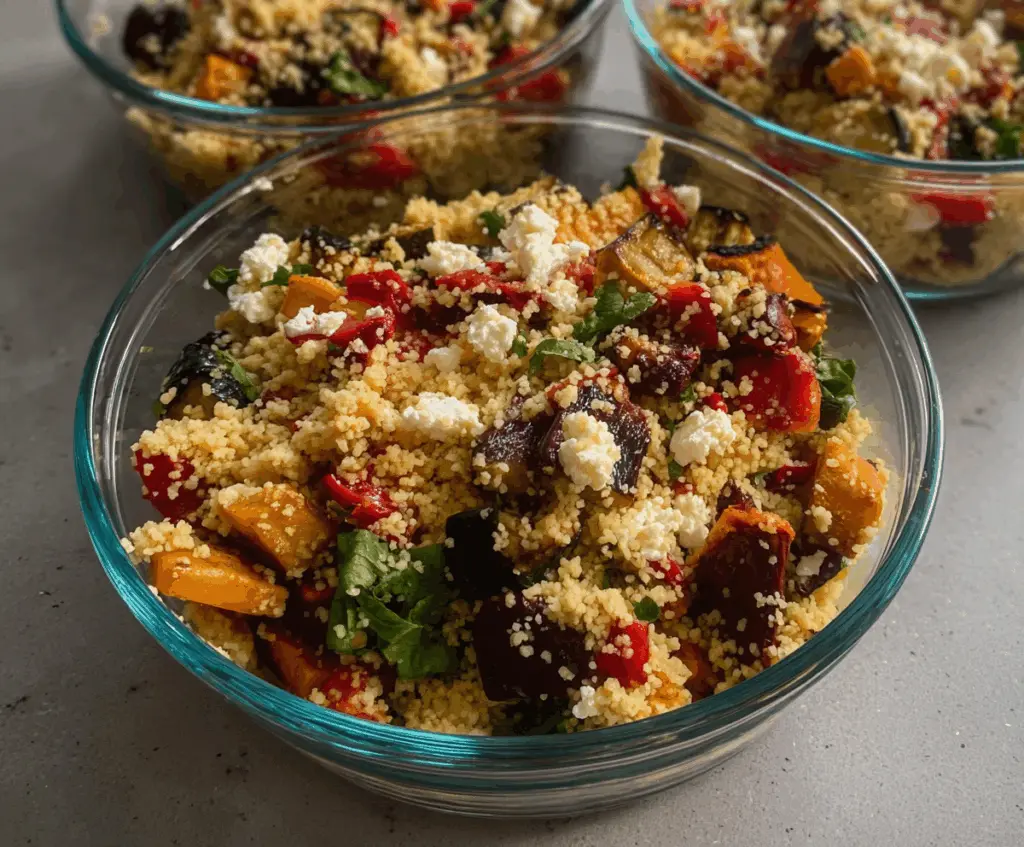 Colorful roast vegetable couscous salad with cherry tomatoes, zucchini, and bell peppers served in a bowl.