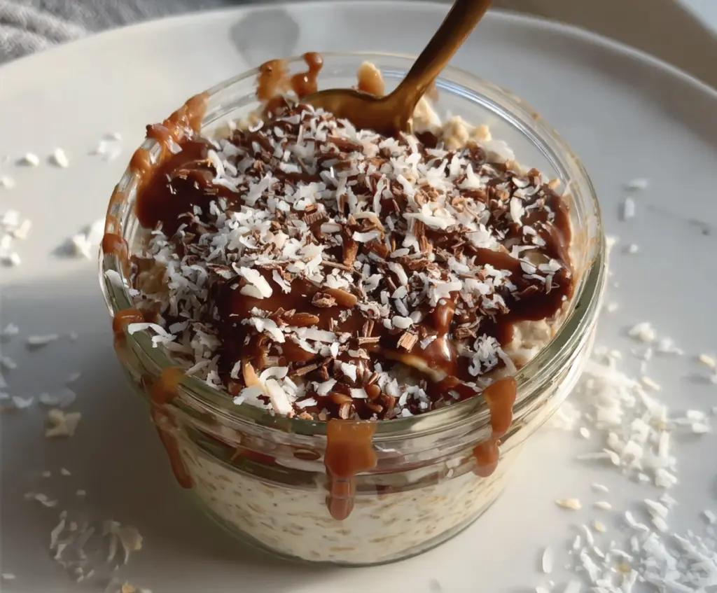 Delicious Samoa Cookie Overnight Oats topped with coconut, chocolate, and caramel for a tasty breakfast.