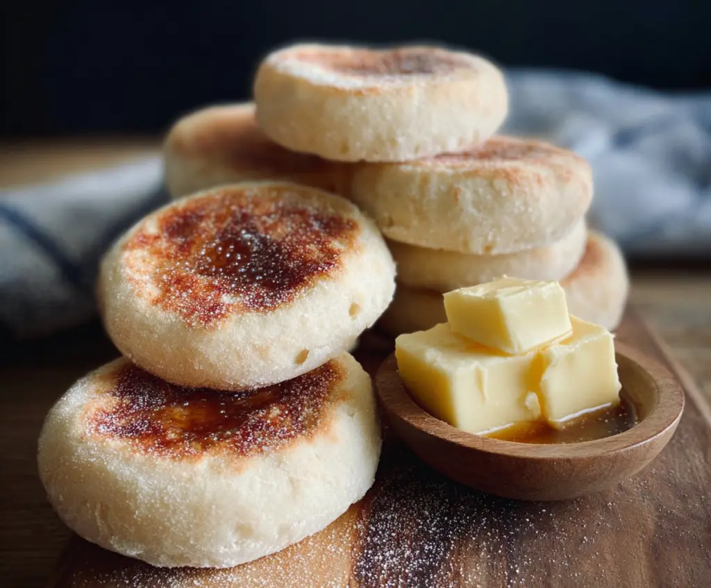 Golden-brown sourdough English muffins sliced open, showcasing their fluffy interior and crispy crust.