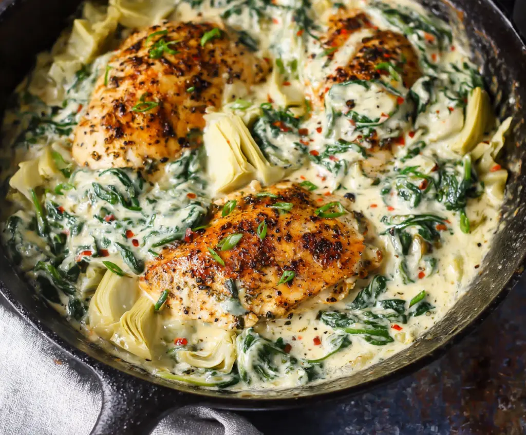 Delicious Spinach Artichoke Chicken Skillet on a plate, showcasing healthy paleo, Whole30, and keto ingredients.